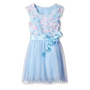 EUC Lilt light blue Dress with pastel flower bodice. Cap sleeves & bow Girls 8